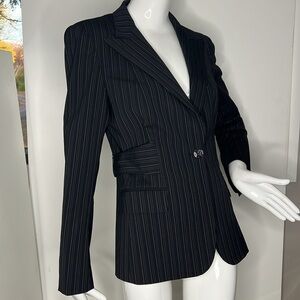 MaxMara Sz 44/10 Virgin Wool Single Button Black Purple Pinstripe Fitted Blazer
